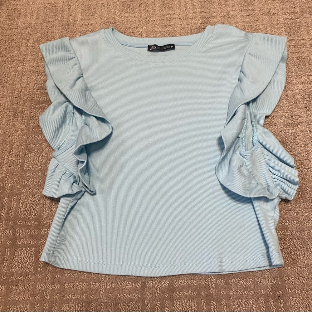 {Zara} Baby Blue Ribbed Sleeveless Crop Top | Ruffles ~ Size Small - Picture 1 of 16